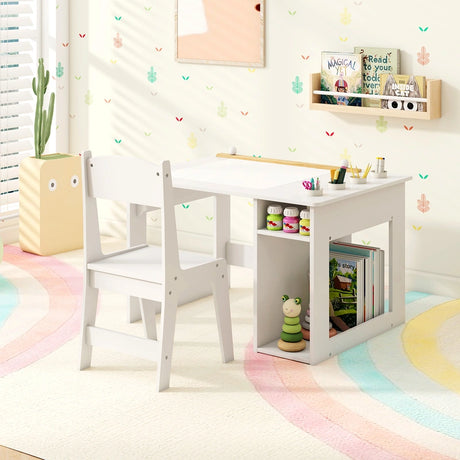 Kids Art Table and Chair Set with Paper Roll and Storage Shelves-White