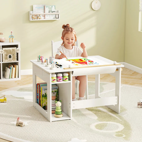Kids Art Table and Chair Set with Paper Roll and Storage Shelves-White