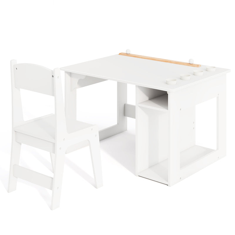 Kids Art Table and Chair Set with Paper Roll and Storage Shelves-White
