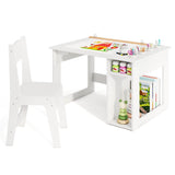 Kids Art Table and Chair Set with Paper Roll and Storage Shelves-White