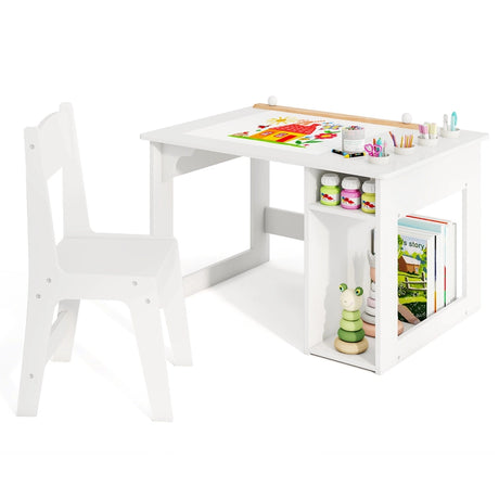 Kids Art Table and Chair Set with Paper Roll and Storage Shelves-White