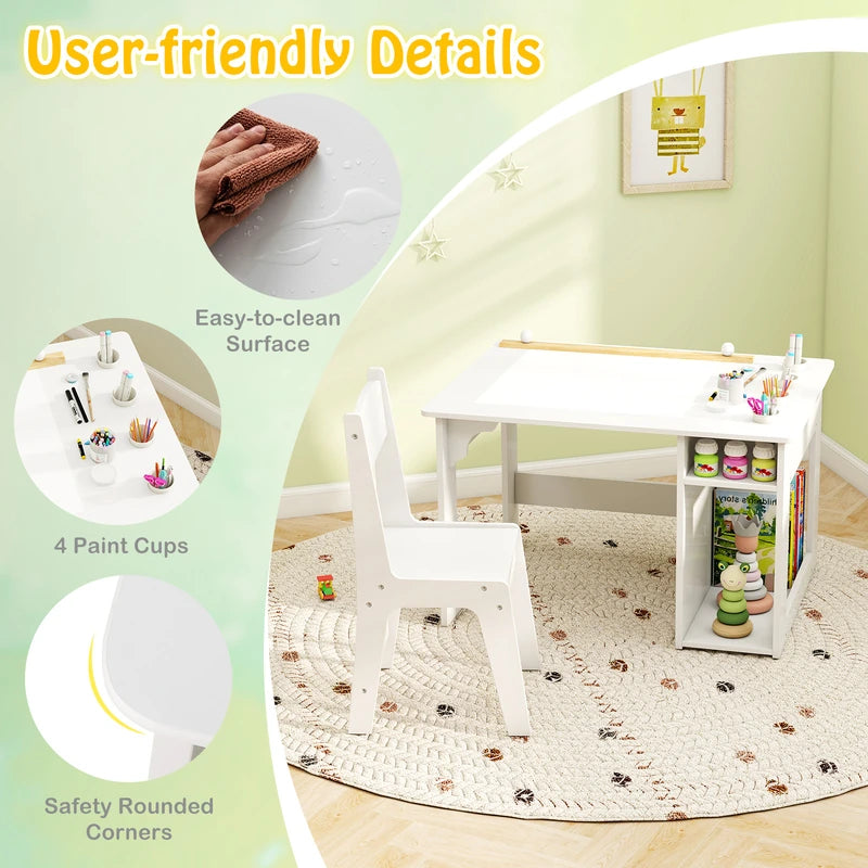 Kids Art Table and Chair Set with Paper Roll and Storage Shelves-White