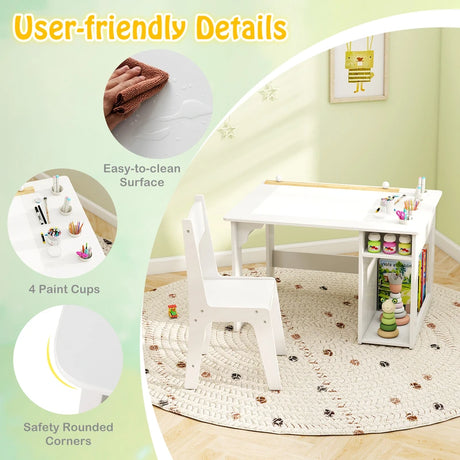 Kids Art Table and Chair Set with Paper Roll and Storage Shelves-White