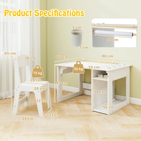 Kids Art Table and Chair Set with Paper Roll and Storage Shelves-White