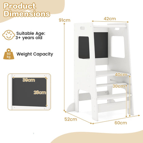 Toddler Kitchen Step Stool with Activity Chalkboard and Adjustable Height-White