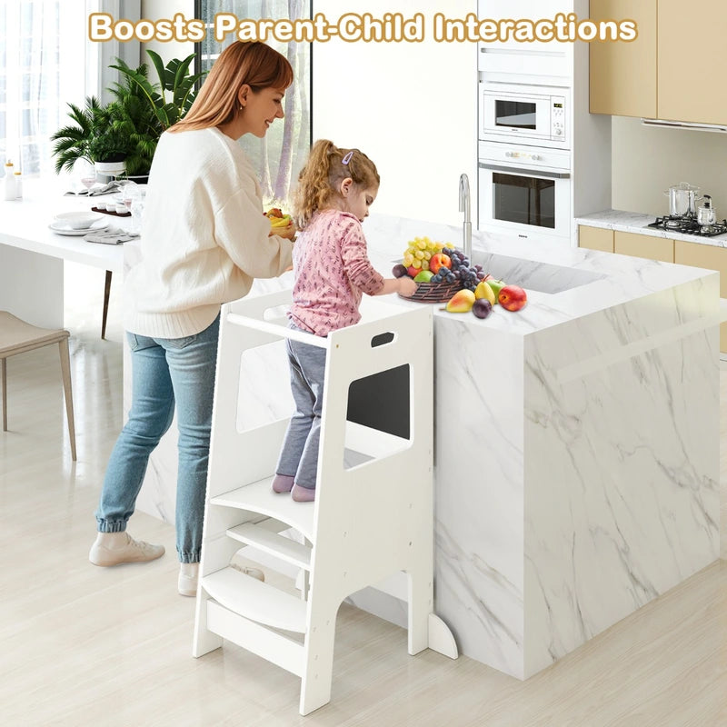 Toddler Kitchen Step Stool with Activity Chalkboard and Adjustable Height-White