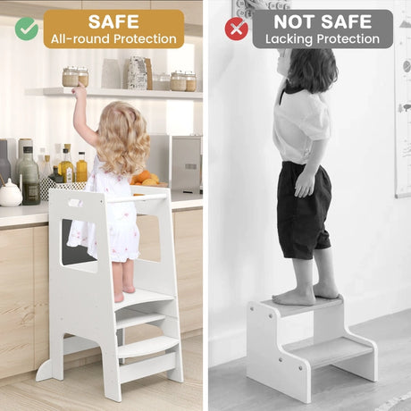Toddler Kitchen Step Stool with Activity Chalkboard and Adjustable Height-White