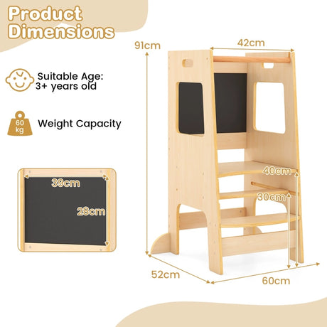 Toddler Kitchen Step Stool with Activity Chalkboard and Adjustable Height-Natural