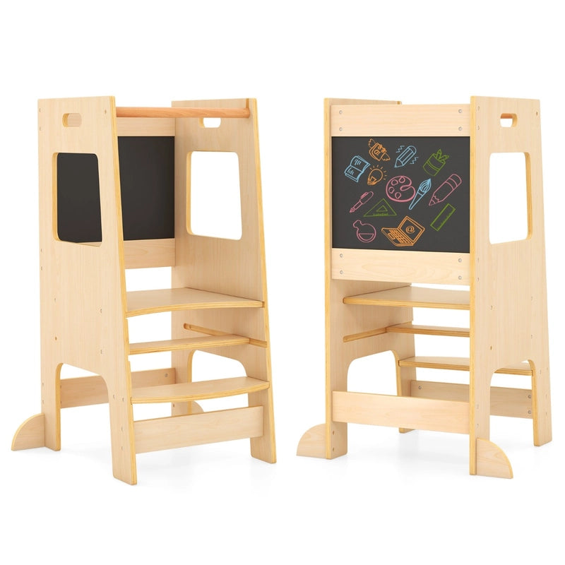 Toddler Kitchen Step Stool with Activity Chalkboard and Adjustable Height-Natural