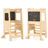 Toddler Kitchen Step Stool with Activity Chalkboard and Adjustable Height-Natural