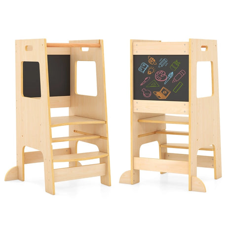 Toddler Kitchen Step Stool with Activity Chalkboard and Adjustable Height-Natural