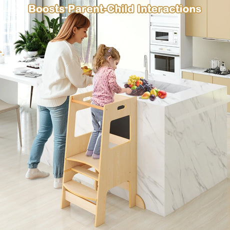 Toddler Kitchen Step Stool with Activity Chalkboard and Adjustable Height-Natural