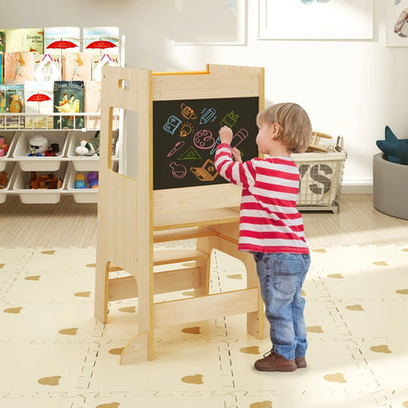 Toddler Kitchen Step Stool with Activity Chalkboard and Adjustable Height-Natural
