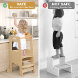 Toddler Kitchen Step Stool with Activity Chalkboard and Adjustable Height-Natural