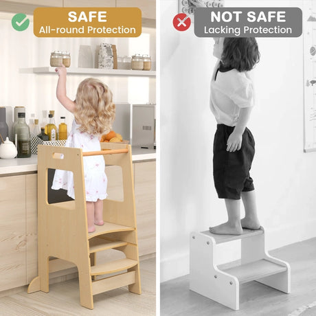 Toddler Kitchen Step Stool with Activity Chalkboard and Adjustable Height-Natural