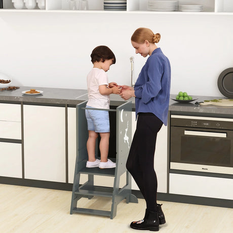 Toddler Kitchen Stool Helper Baby Standing Tower with Chalkboard and Whiteboard-Gray