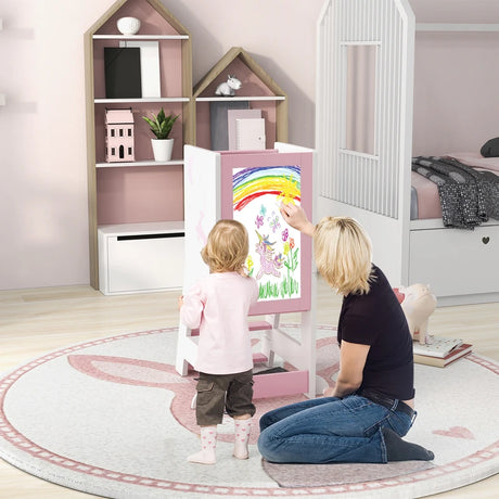 Toddler Kitchen Stool Helper Baby Standing Tower with Chalkboard and Whiteboard-Pink