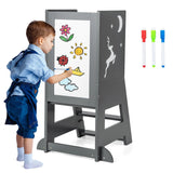 Toddler Kitchen Stool Helper Baby Standing Tower with Chalkboard and Whiteboard-Gray
