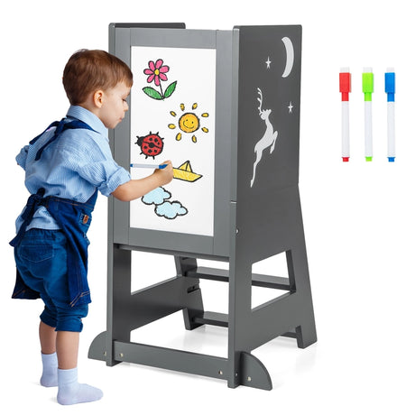 Toddler Kitchen Stool Helper Baby Standing Tower with Chalkboard and Whiteboard-Gray