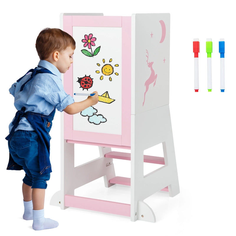 Toddler Kitchen Stool Helper Baby Standing Tower with Chalkboard and Whiteboard-Pink