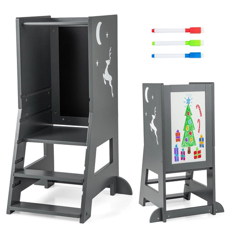 Toddler Kitchen Stool Helper Baby Standing Tower with Chalkboard and Whiteboard-Gray