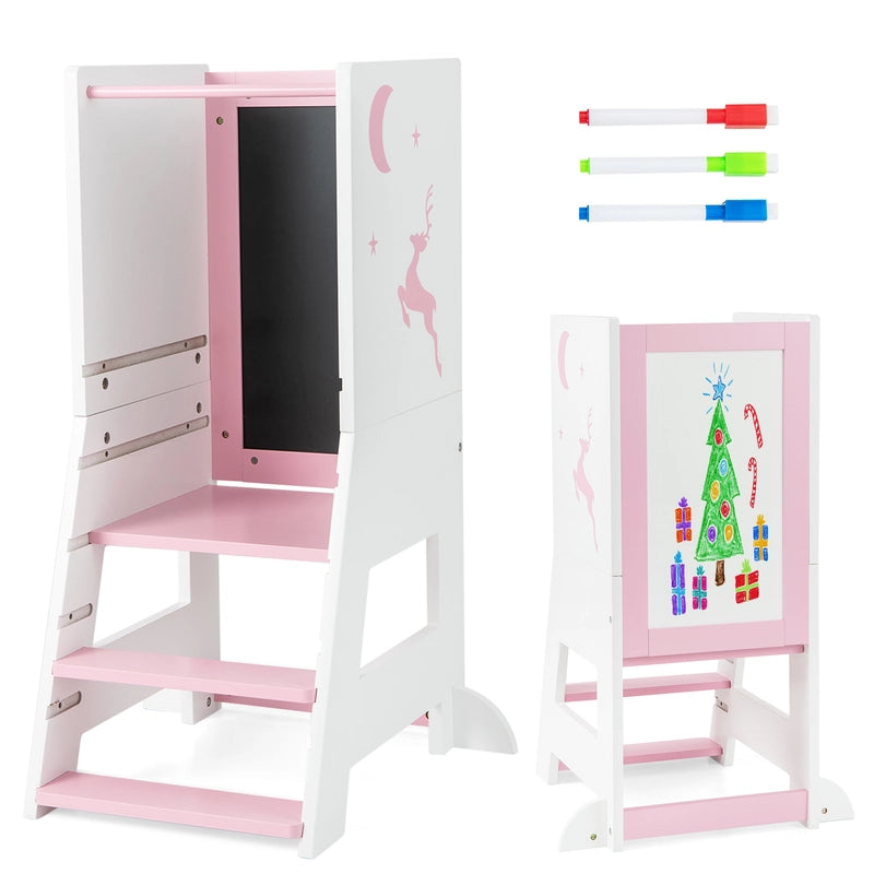 Toddler Kitchen Stool Helper Baby Standing Tower with Chalkboard and Whiteboard-Pink