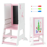 Toddler Kitchen Stool Helper Baby Standing Tower with Chalkboard and Whiteboard-Pink