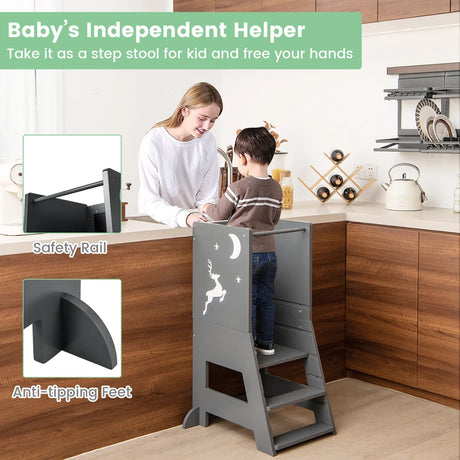 Toddler Kitchen Stool Helper Baby Standing Tower with Chalkboard and Whiteboard-Gray