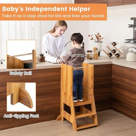 Toddler Kitchen Stool Helper with Chalkboard and Whiteboard-Natural
