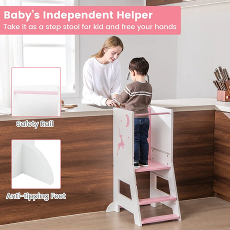 Toddler Kitchen Stool Helper Baby Standing Tower with Chalkboard and Whiteboard-Pink