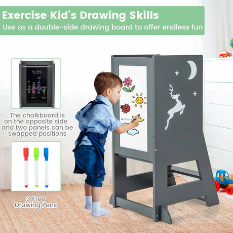 Toddler Kitchen Stool Helper Baby Standing Tower with Chalkboard and Whiteboard-Gray