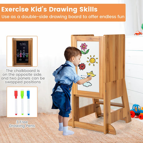 Toddler Kitchen Stool Helper with Chalkboard and Whiteboard-Natural