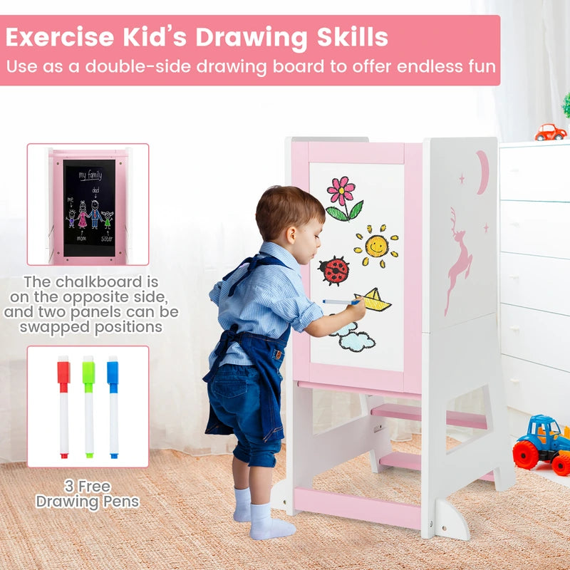 Toddler Kitchen Stool Helper Baby Standing Tower with Chalkboard and Whiteboard-Pink