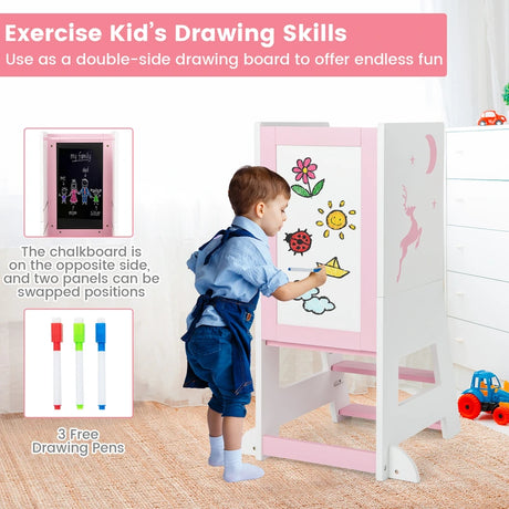 Toddler Kitchen Stool Helper Baby Standing Tower with Chalkboard and Whiteboard-Pink