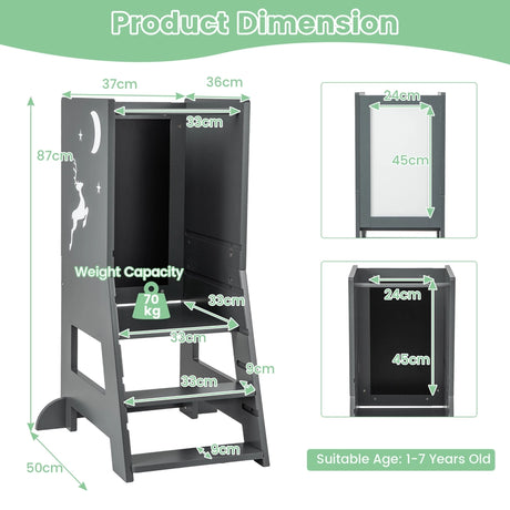 Toddler Kitchen Stool Helper Baby Standing Tower with Chalkboard and Whiteboard-Gray