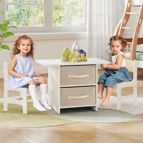 Toddler Wooden Activity Table & 2 Chairs Set with 2 Fabric Storage Bins-Beige