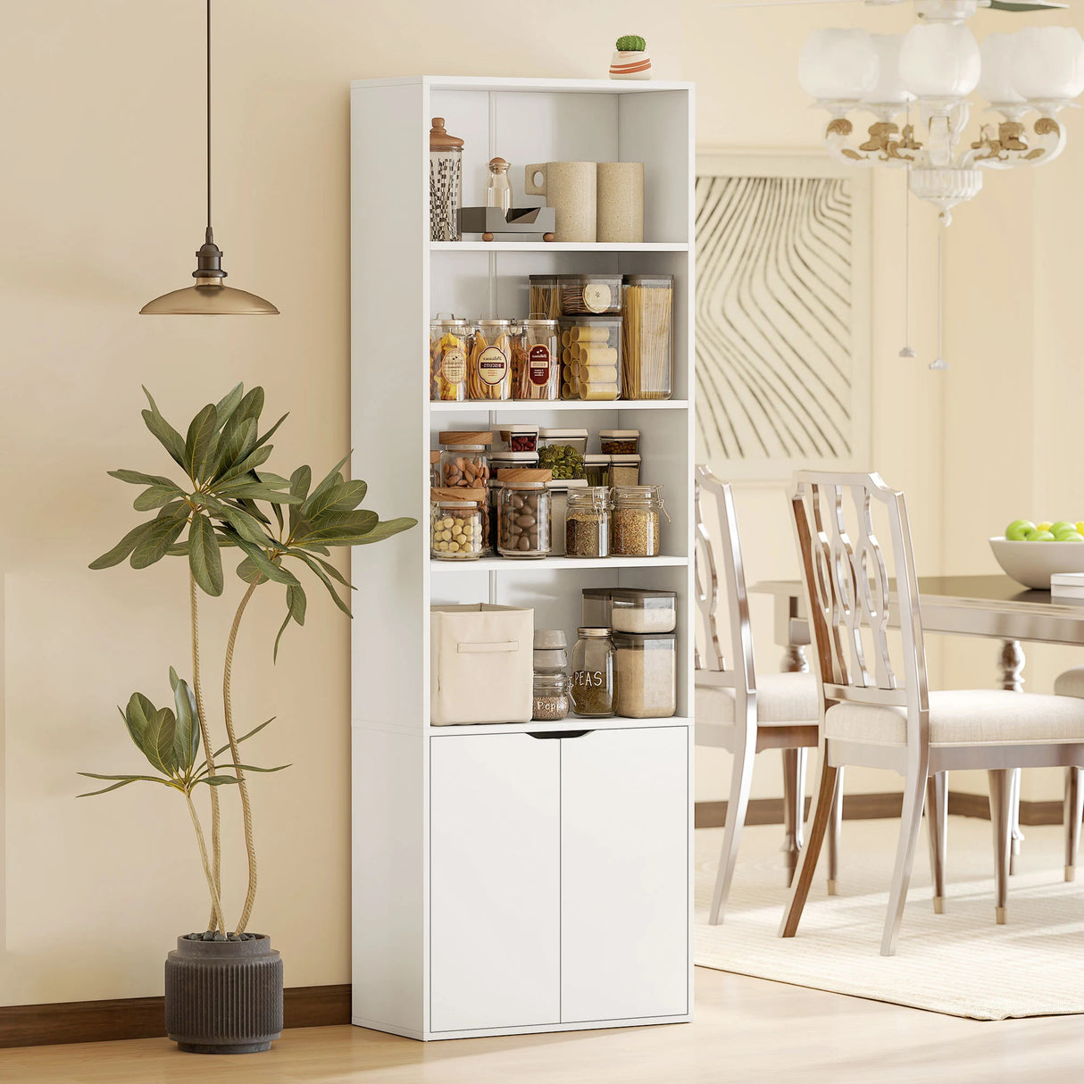 HOMCOM 6-Tier Tall Bookcase, Bookshelf with 4 Open Shelves and Double Door Storage Cabinet, Freestanding Display Rack for Living Room, Bedroom, Home Office, Study, 59 x 29 x 180cm, White