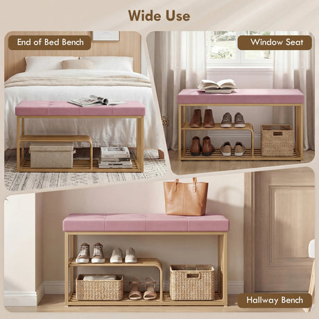 HOMCOM Bench and Shoe Storage, Tufted Shoe Storage Bench with Velvet Seat Cushion Gold Steel Frame for Entryway, Pink