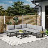 Outsunny 4 Pieces Garden Furniture Set, 5-Level Reclining Garden Corner Sofa Set, Outdoor Lounge Conversation Sectional with Cushions, Wood Effect Plastic Table, Black Frame & Light Grey Cushion