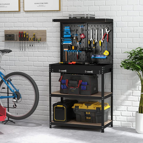 Tool Storage Workbench with Pegboard Shelves and Drawers-Blue