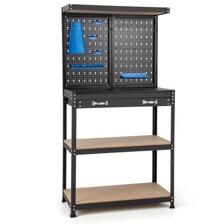 Tool Storage Workbench with Pegboard Shelves and Drawers-Blue