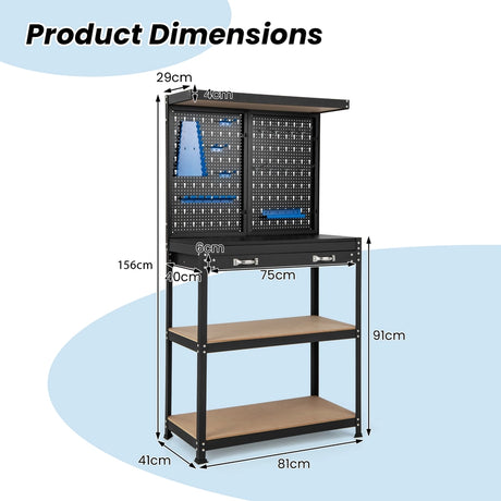 Tool Storage Workbench with Pegboard Shelves and Drawers-Blue