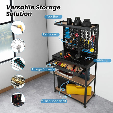 Tool Storage Workbench with Pegboard Shelves and Drawers-Blue