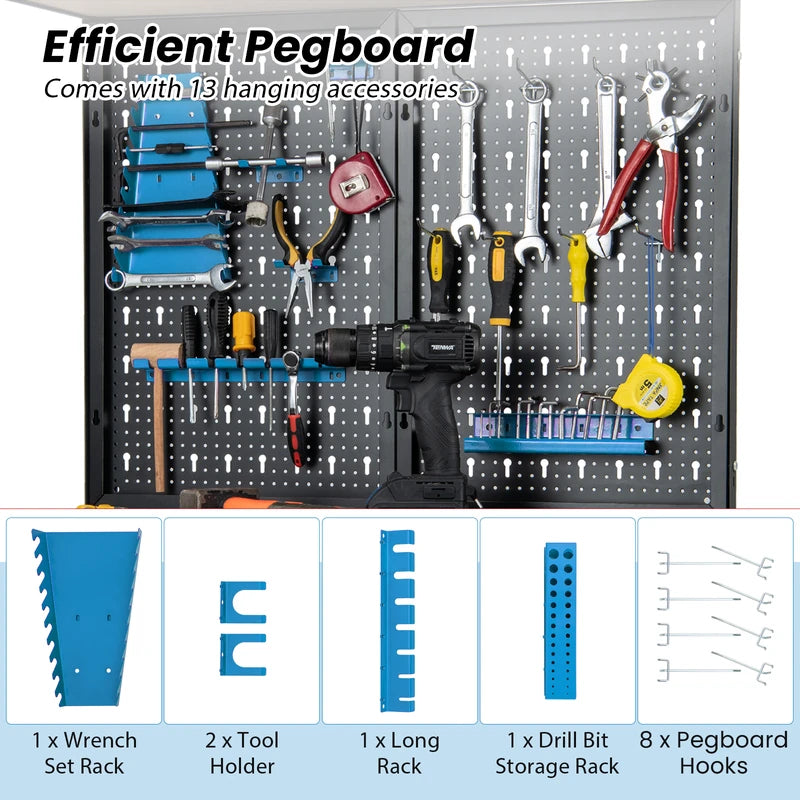 Tool Storage Workbench with Pegboard Shelves and Drawers-Blue