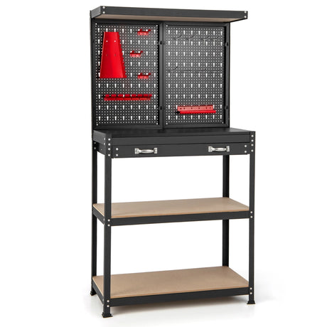 Tool Storage Workbench with Pegboard Shelves and Drawers-Red