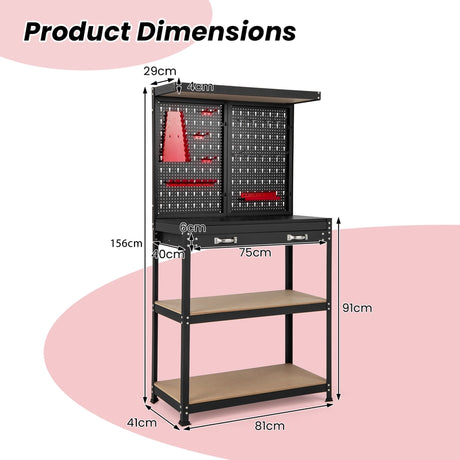 Tool Storage Workbench with Pegboard Shelves and Drawers-Red