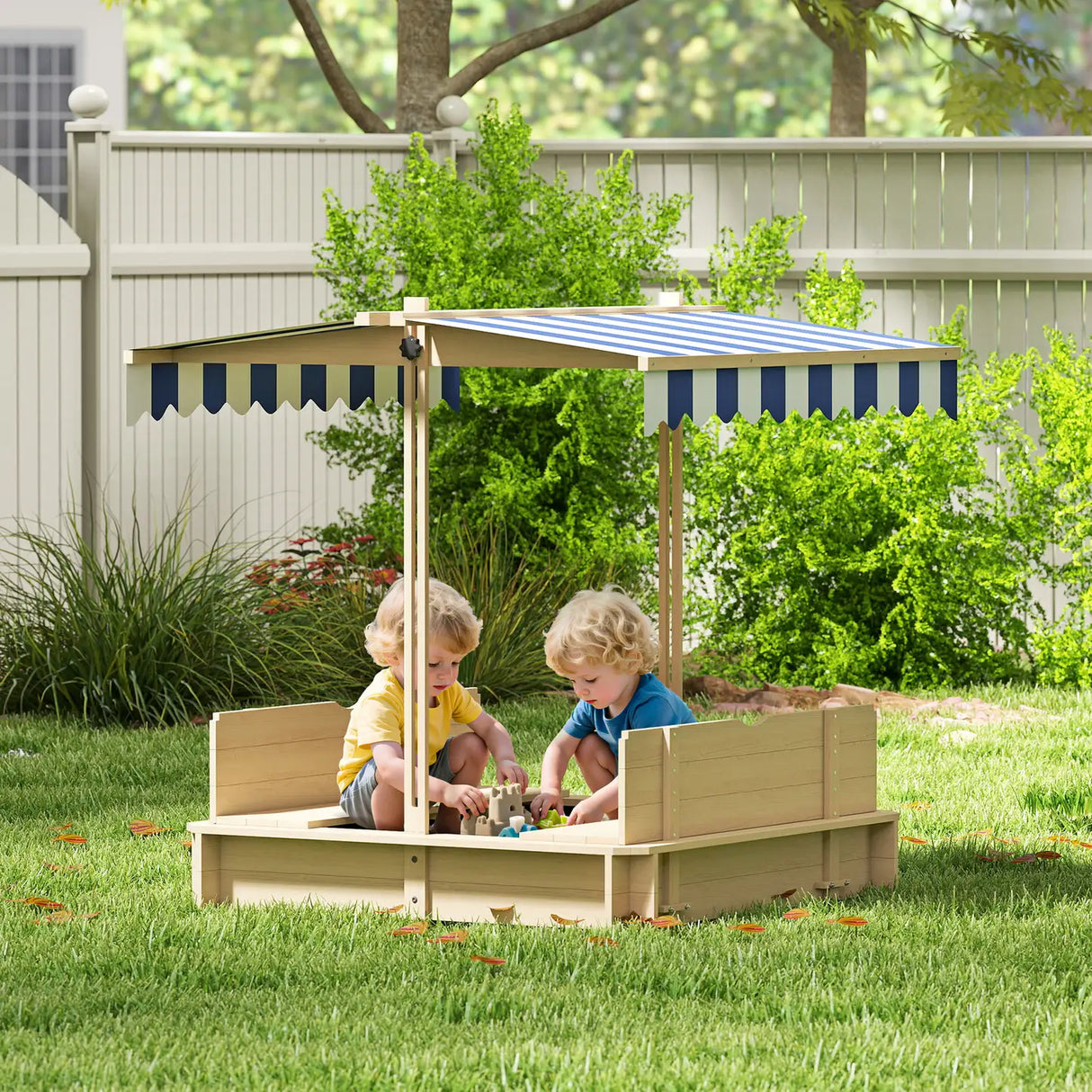 Outsunny Kids Square Wooden Sandpit, Children Sandbox Outdoor Playset