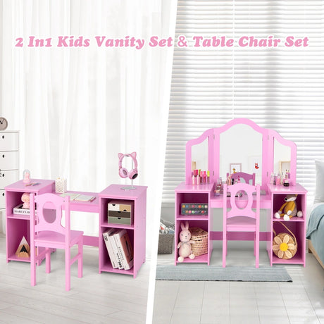Kids Makeup Desk and Chair Set with Tri-Folding Detachable Mirror-Pink