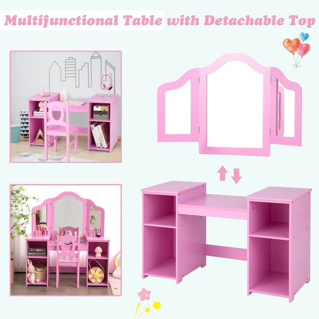 Kids Makeup Desk and Chair Set with Tri-Folding Detachable Mirror-Pink