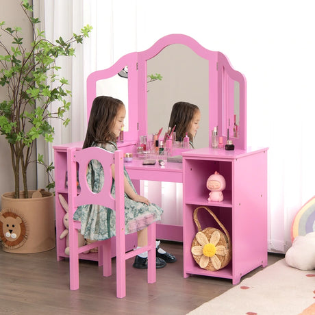 Kids Makeup Desk and Chair Set with Tri-Folding Detachable Mirror-Pink